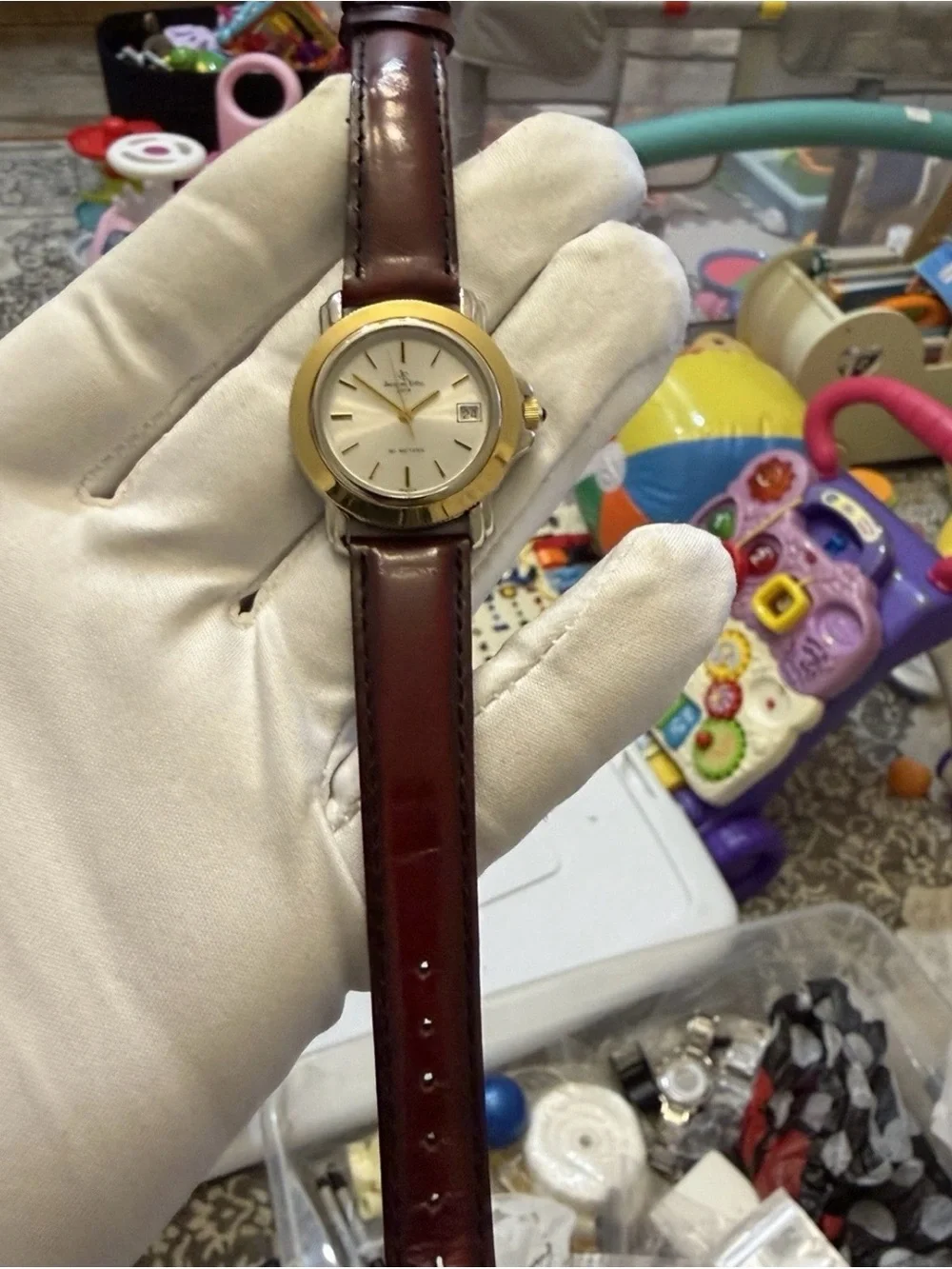 Vintage Jacques Edho Paris 30mm Two Tone Quartz Date Watch 18K Gold Plated JE790